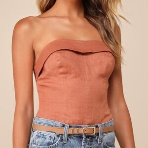 Lulus Breezy Presence Terracotta Linen Strapless Bustier Bodysuit Red - Size M